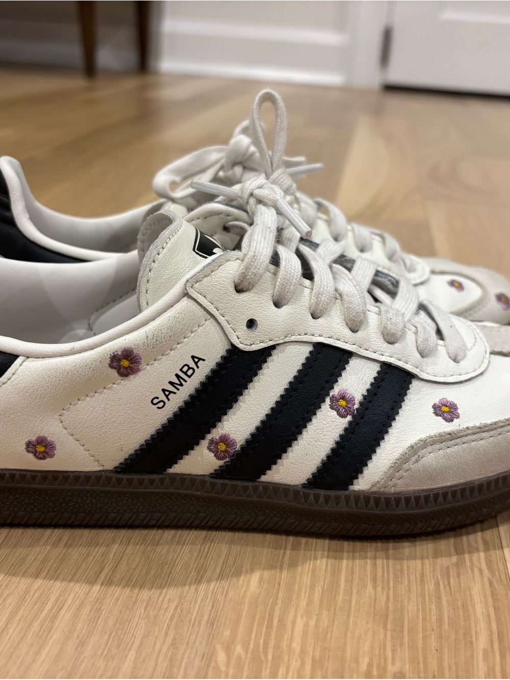 adidas Samba White and Black Sneakers with Purple Daisy Accents